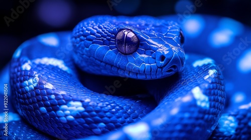 Blue snake coiled and staring with intense eyes