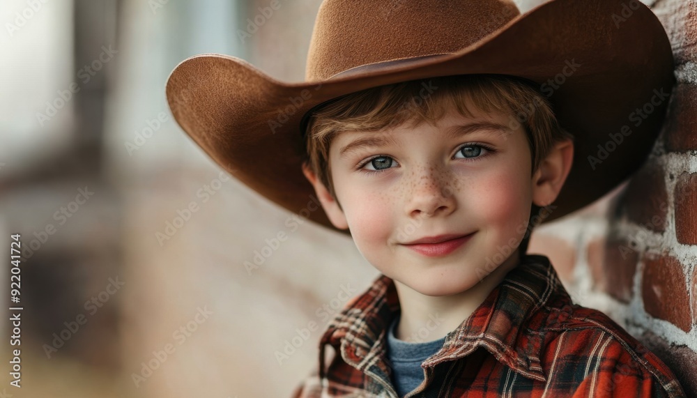 Young boy wearing a cowboy hat and plaid shirt poses outdoors against a rustic brick wall