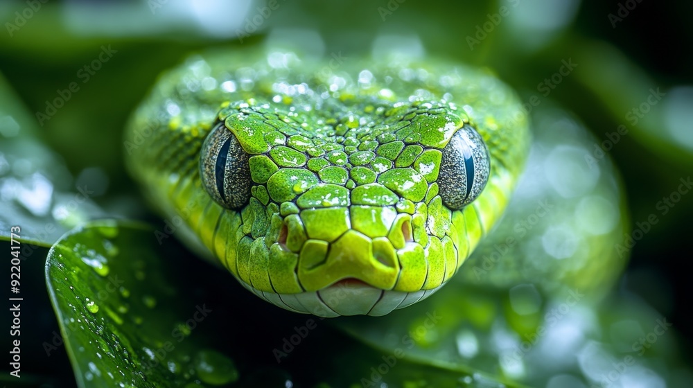 Green tree python snake resting on branch in lush green foliage Green tree python snake resting on branch in lush green foliage