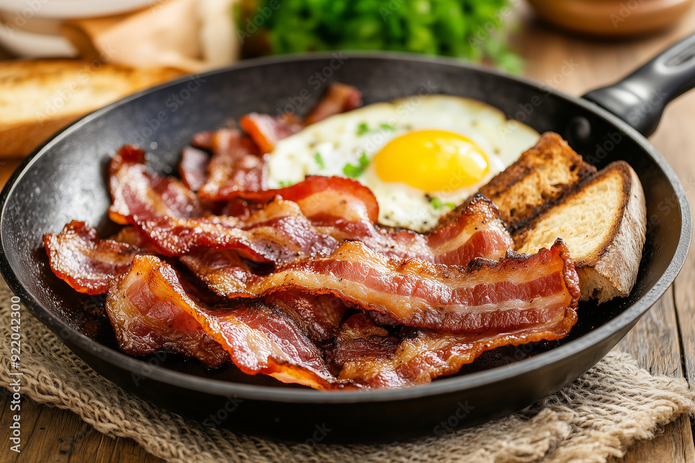 **Crispy bacon strips sizzling in a skillet with a side of eggs and toast with copy space. Warm, appetizing light. Kitchen background. **Crispy bacon strips sizzling in a skillet with a side of eggs and toast with copy space. Warm, appetizing light. Kitchen background.