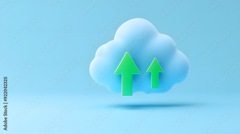 Cloud storage concept with green arrows pointing upward against a blue background, symbolizing data upload and cloud computing. Cloud storage concept with green arrows pointing upward against a blue background, symbolizing data upload and cloud computing.