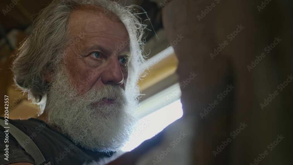 Concentrated Caucasian old male sculptor creating pottery statue in workshop