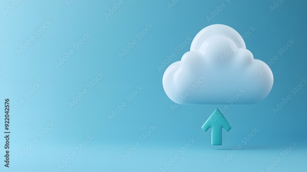 Cloud symbol with an upward arrow representing cloud computing, data upload, online storage, and technology concept on a blue background. Cloud symbol with an upward arrow representing cloud computing, data upload, online storage, and technology concept on a blue background.