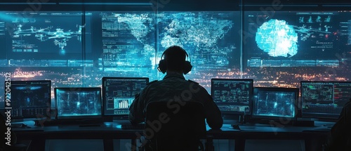Digital command center with multiscreen displays, officers monitoring realtime drone feeds, military operations, technologydriven command centers