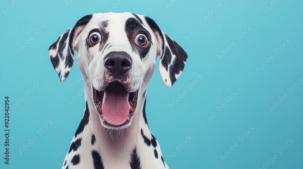 Studio portrait of a dalmatian dog with a surprised face isolated on blue background. Studio portrait of a dalmatian dog with a surprised face isolated on blue background.
