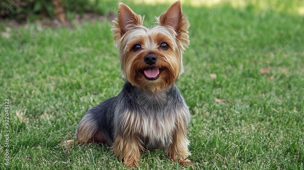 Yorkshire terrier dog sitting and looking at the camera by the lawn Yorkshire terrier dog sitting and looking at the camera by the lawn