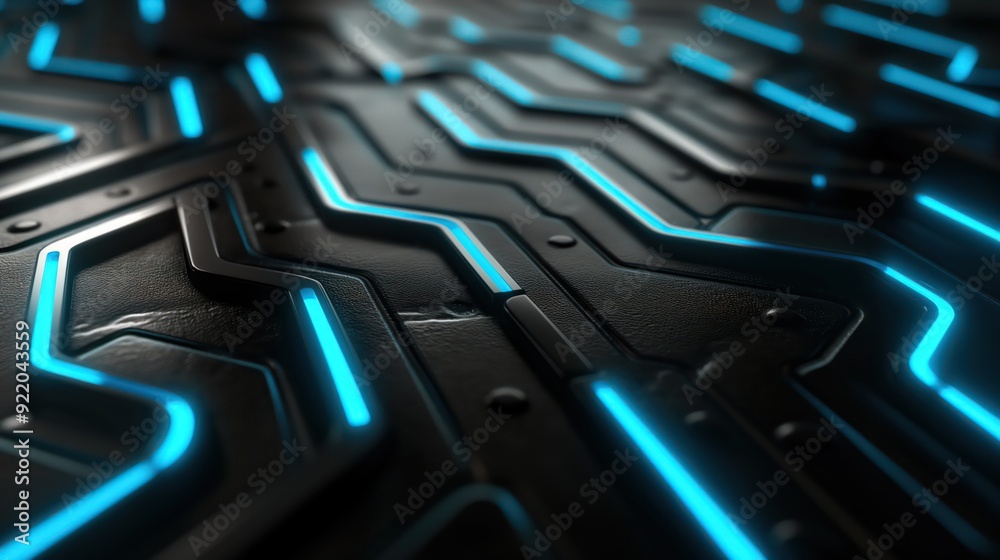 Fototapeta premium Black technology chip surface with blue neon lines abstract background. Generative AI