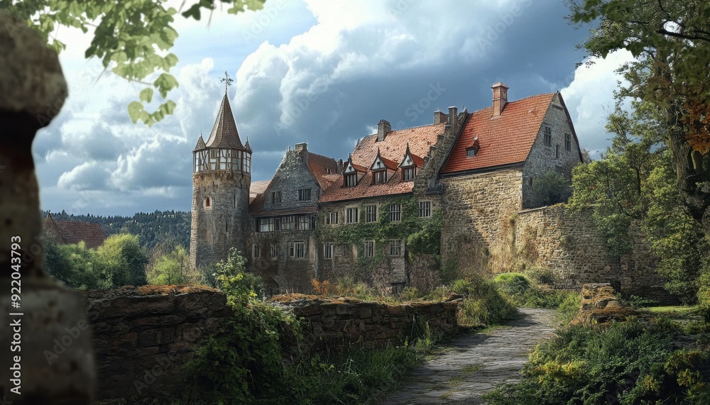 Historic stone castle surrounded by lush greenery on a cloudy day Historic stone castle surrounded by lush greenery on a cloudy day