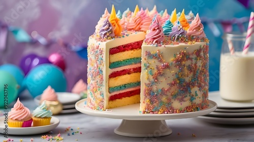 Wallpaper Mural A colorful and vibrant birthday cake with layers of fluffy vanilla sponge, topped with creamy buttercream frosting and adorned with rainbow sprinkles. Torontodigital.ca