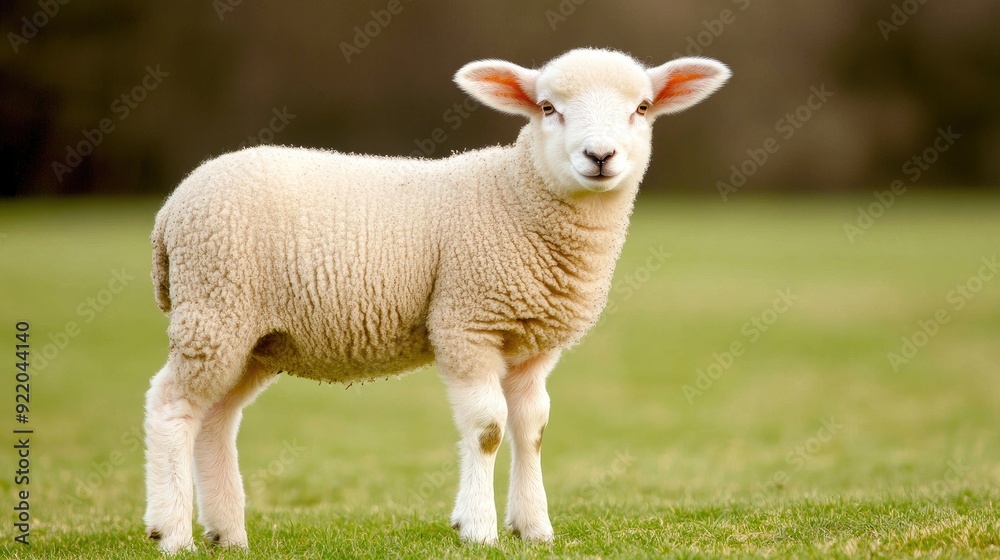 A curious sheep stands on a vibrant grassy hill, gazing at the camera under a soft green backdrop in nature’s tranquility A curious sheep stands on a vibrant grassy hill, gazing at the camera under a soft green backdrop in nature’s tranquility