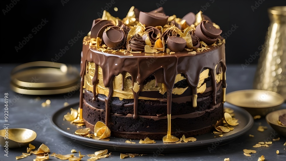 A decadent chocolate birthday cake, rich and moist, with layers of fudgy ganache and a drizzle of caramel sauce, finished with chocolate shavings and edible gold flakes. A decadent chocolate birthday cake, rich and moist, with layers of fudgy ganache and a drizzle of caramel sauce, finished with chocolate shavings and edible gold flakes.