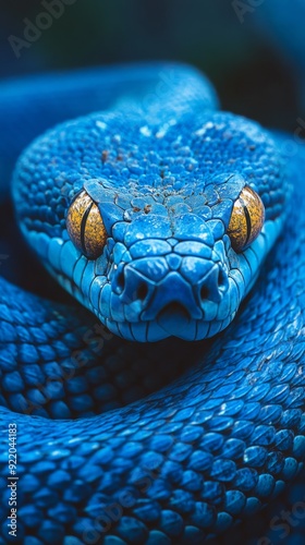 Blue viper snake showing its scales and tongue while staring