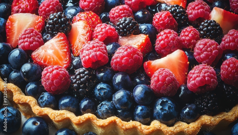 Fresh berry tart with strawberries, raspberries, blueberries, and blackberries on a wooden table Fresh berry tart with strawberries, raspberries, blueberries, and blackberries on a wooden table
