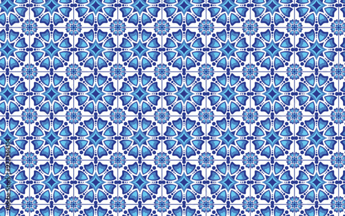 Decorative mosaic flower blue color seamless pattern.