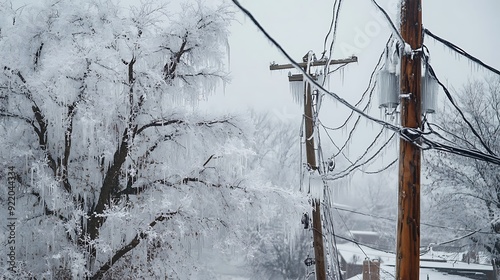 Ice Storm Winter Weather: Icicles on Tree and Power Lines