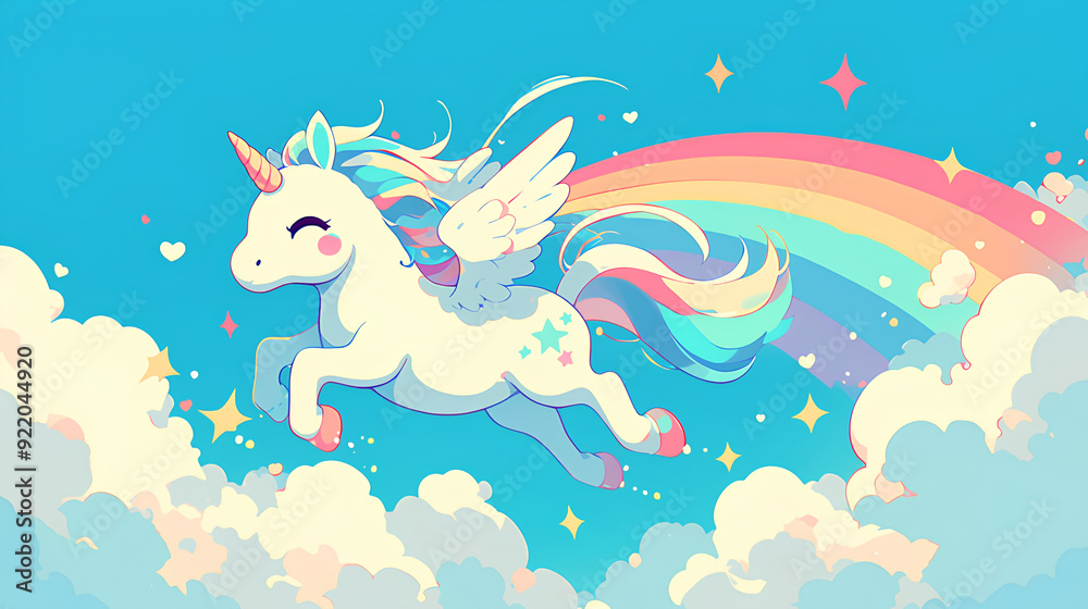 Obraz premium cute unicorn colorful with blue sky background