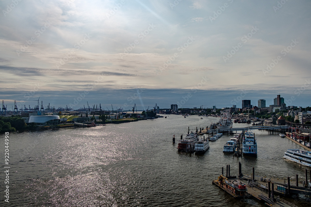 Fototapeta premium A sunset over the harbor city in Northern Germany. with clouds