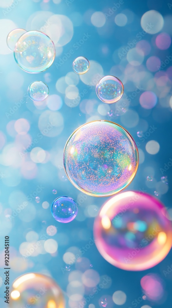 Many soap bubbles floating in the air with a blue background