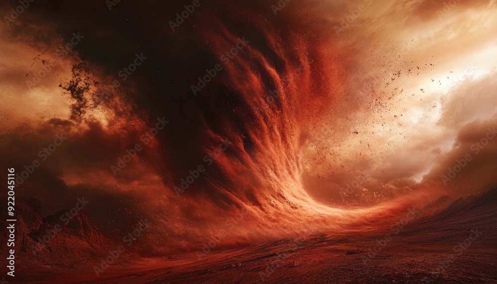 Dramatic swirling clouds create an otherworldly scene over a barren landscape at sunset Dramatic swirling clouds create an otherworldly scene over a barren landscape at sunset