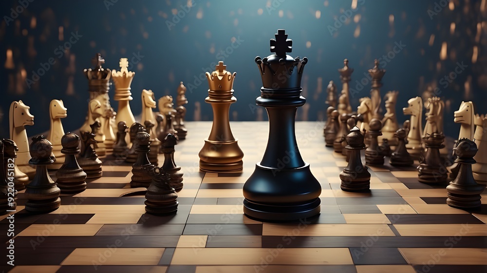 Imaginary artificial intelligence (AI) picture of a chess match with a dominant king encircled by pawns Imaginary artificial intelligence (AI) picture of a chess match with a dominant king encircled by pawns