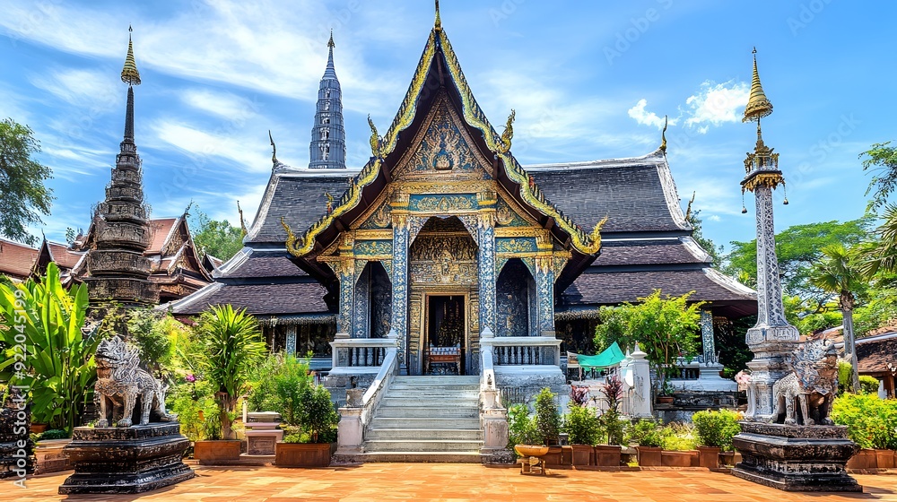 Naklejka premium 91. **Traditional Thai temple with intricate architecture and vibrant colors