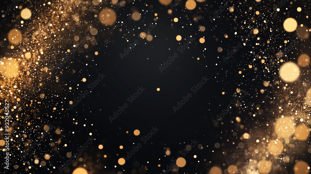 Obraz premium Abstract dark background with golden particles. New Year, Christmas background with gold and sparkling particles. Christmas golden glowing particles