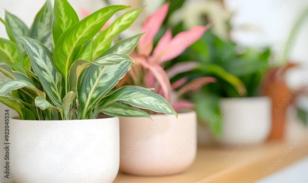 several cultivars of lush & beautiful Ctenanthe Never Plant in beautiful modern pots , Generative AI several cultivars of lush & beautiful Ctenanthe Never Plant in beautiful modern pots , Generative AI