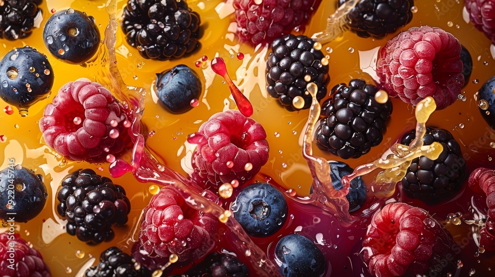 Fresh berries splashing in vibrant juice on a sunny kitchen counter