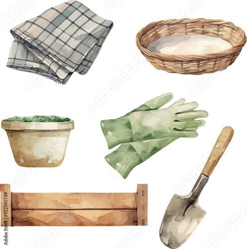 Vector Watercolor farm, composition, garden instruments, rural, country live, rustic, harvest, rubber gloves, scoop, pot, towel, wooden vegetable box, basket, illustrations for farm set, invitation, g