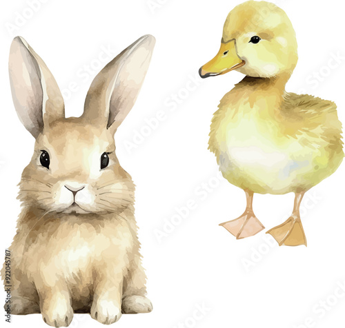 Vector Watercolor farm, composition, rural, country live, rustic, domestic animals, goose, cub, duck, illustrations for farm set, invitation, greeting cards, birthday, event, holiday, printable