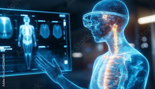 A doctor wearing VR headset interacts with a digital screen displaying human anatomy and medical imaging.