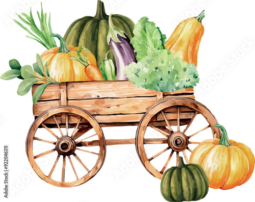Vector Watercolor farm, composition, clipart, vegetables, pumpkin, eggplant, rural, country live, rustic, harvest, wooden cart, illustrations for farm set, invitation, greeting cards, birthday, event,