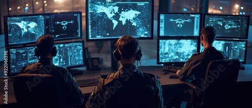 Digital command center with multiscreen displays, officers monitoring realtime drone feeds, military operations, technologydriven command centers