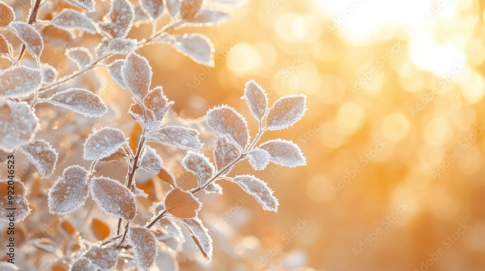 Naklejka premium Sunlight illuminating frosty leaves on branch