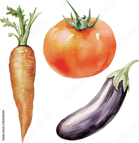 Adobe IllustrVector Watercolor farm, composition clipart, set, carrots, eggplant, tomato, rural, country live, harvest, illustrations for farm set, invitation, greeting cards, birthday, evator Artwork