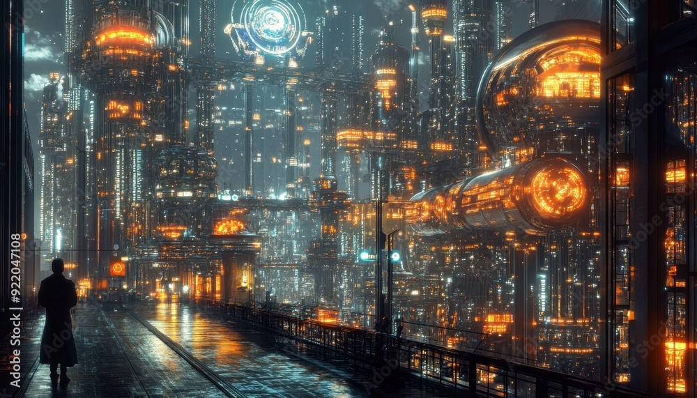 Futuristic cityscape at night with glowing structures and a solitary figure on a walkway Futuristic cityscape at night with glowing structures and a solitary figure on a walkway