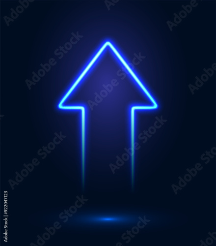 Neon arrow with shining effects, highlights on a dark blue background. Futuristic modern neon glowing frame. Vector illustration.