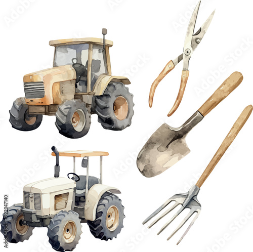 Vector Watercolor farm, composition clipart, garden instruments, rural, country live, rustic, harvest, secateurs, pitchfork, scoop, tractor, illustrations for farm set, invitation, greeting cards, bir