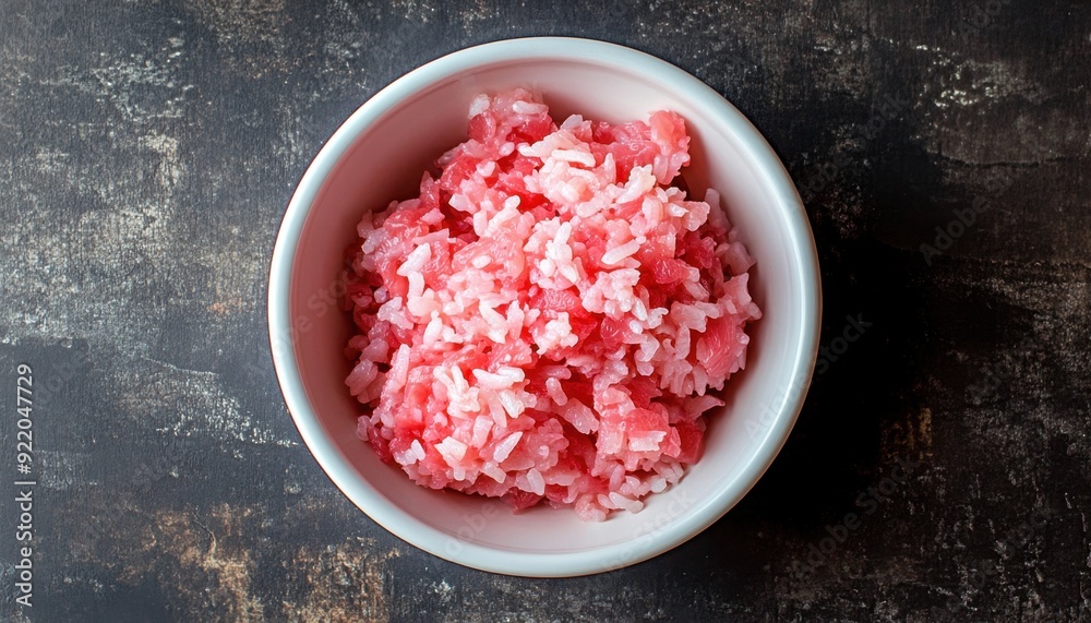 Ground meat and rice mixture in a bowl on a textured surface Ground meat and rice mixture in a bowl on a textured surface