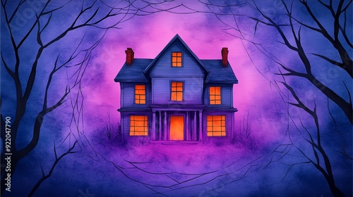 Haunted house, surrounded by cobwebs, illuminated by a purple glow, purple hues. photo