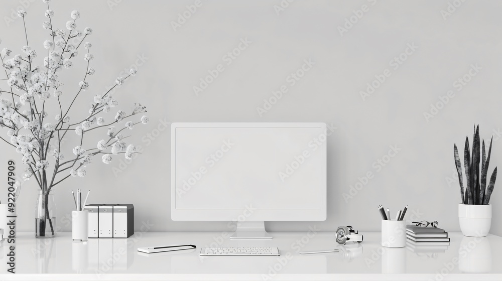 Fototapeta premium Minimalist Home Office Workspace with White Computer and Desk