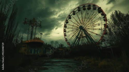 A spooky, abandoned carnival with a haunted ferris wheel and eerie clowns lurking in the shadows