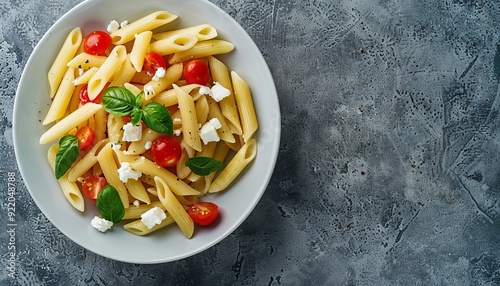 Photo of penne pasta with cherry tomatoes and feta cheese in a white bowl on a grey stone 