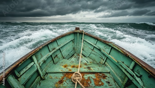 Stormy seas viewed from the bow of a weathered fishing boat navigating rough waters