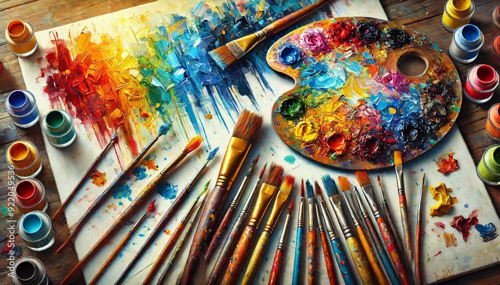 Fototapeta premium Vibrant Paint Palette and Brushes
