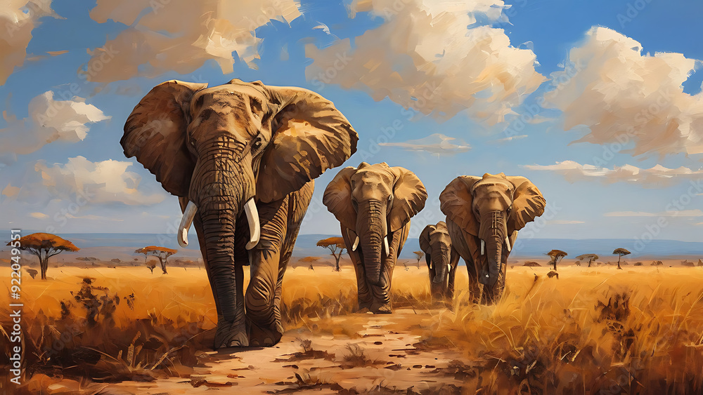 Fototapeta premium Elephants walking in savanna