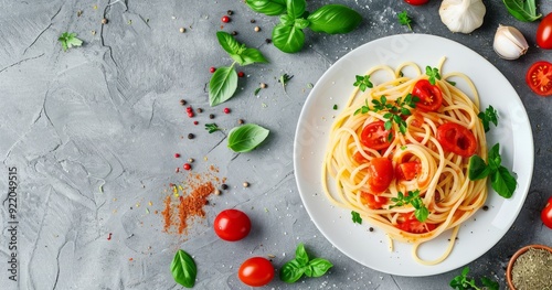 Photo of spaghetti with tomato sauce on a white plate, top view, with space for a text banner stock photo. The background is minimalistic, on the right is an empty table from a top dow
