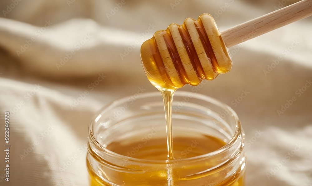 Honey dripping from the wooden honey stick into a glass jar, Generative AI Honey dripping from the wooden honey stick into a glass jar, Generative AI