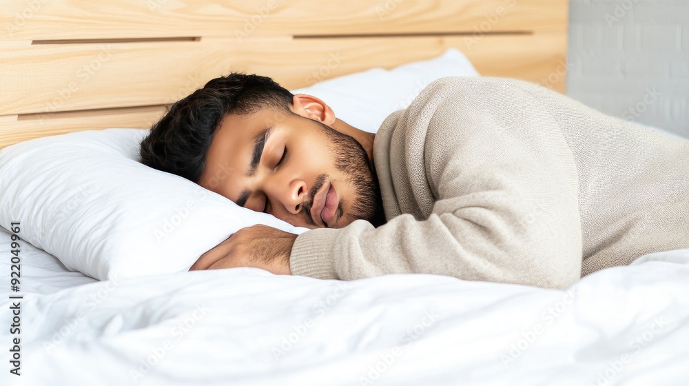 A serene morning in a cozy bedroom with a handsome man peacefully sleeping on a pillow surrounded by soft white sheets A serene morning in a cozy bedroom with a handsome man peacefully sleeping on a pillow surrounded by soft white sheets