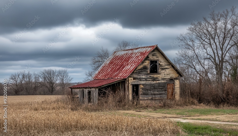Abandoned farmhouse in a rural field under a cloudy sky during autumn Abandoned farmhouse in a rural field under a cloudy sky during autumn